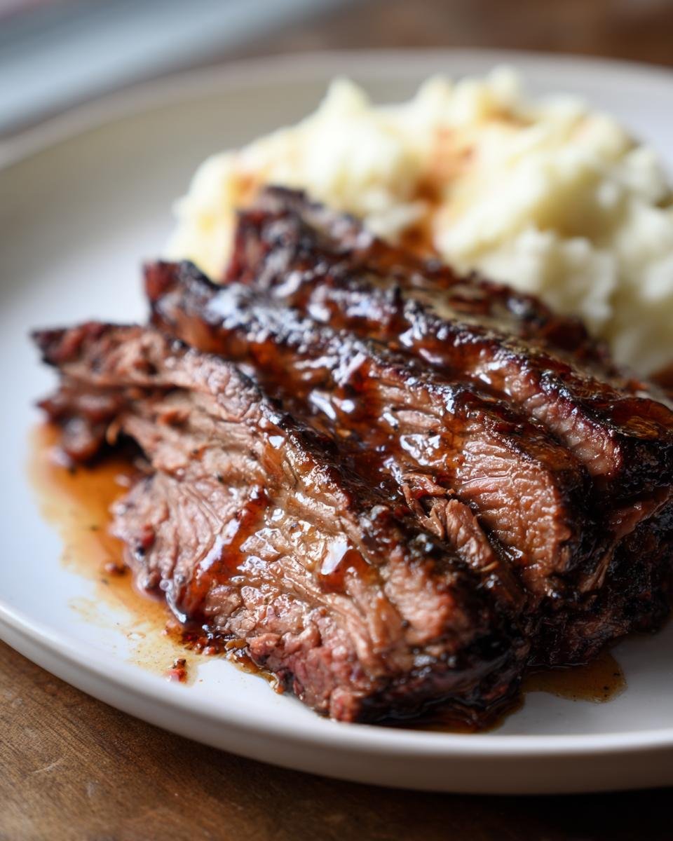 Close-up of sliced brisket with a glossy glaze, served with mashed potatoes, for 10 Fathers Day Simple Crock Pot Recipes.