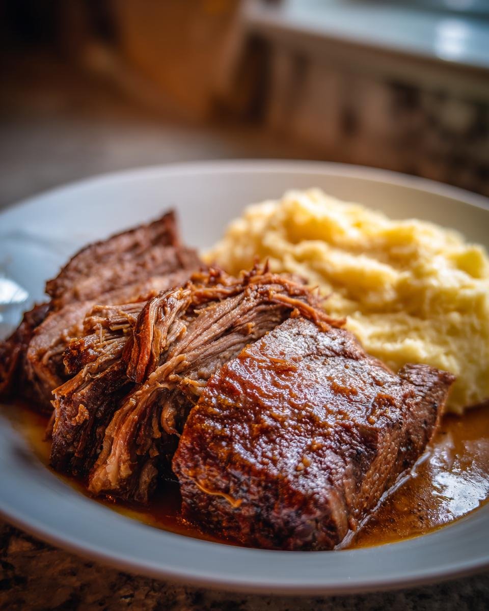 Close-up of tender, shredded pot roast with mashed potatoes, a perfect dish from 10 Fathers Day Simple Crock Pot Recipes.