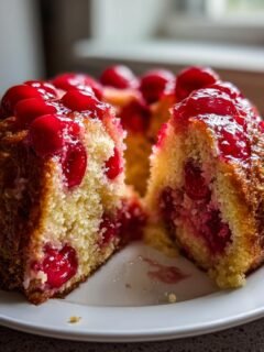 A slice of a fresh cherry bundt cake, topped with glossy cherries, perfect for Fathers Day.