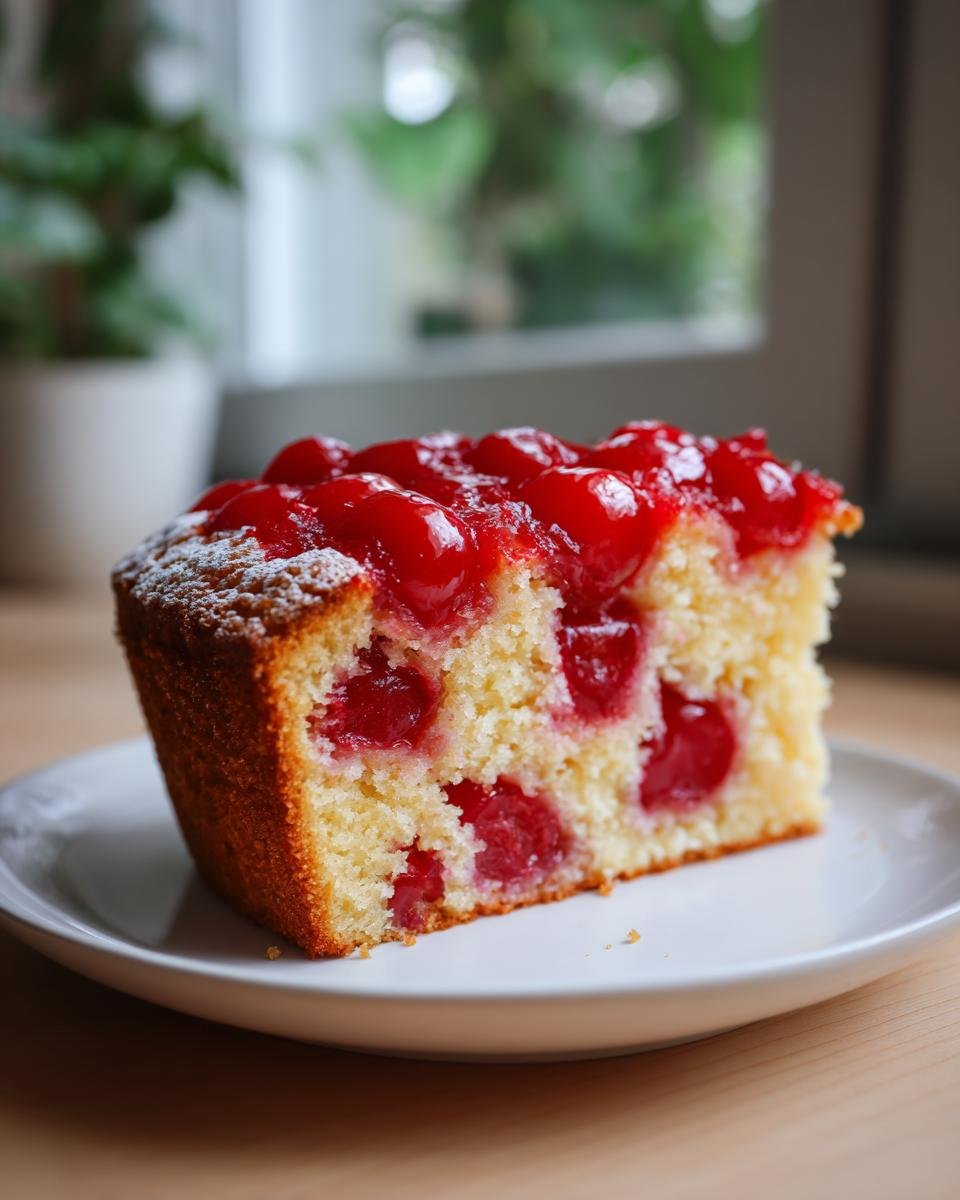 A slice of fresh cherry cake, topped with glossy cherries and dusted with powdered sugar, perfect for Fathers Day.