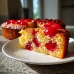 A slice of fresh cherry cake, showcasing juicy cherries embedded in a golden sponge, perfect for Fathers Day.