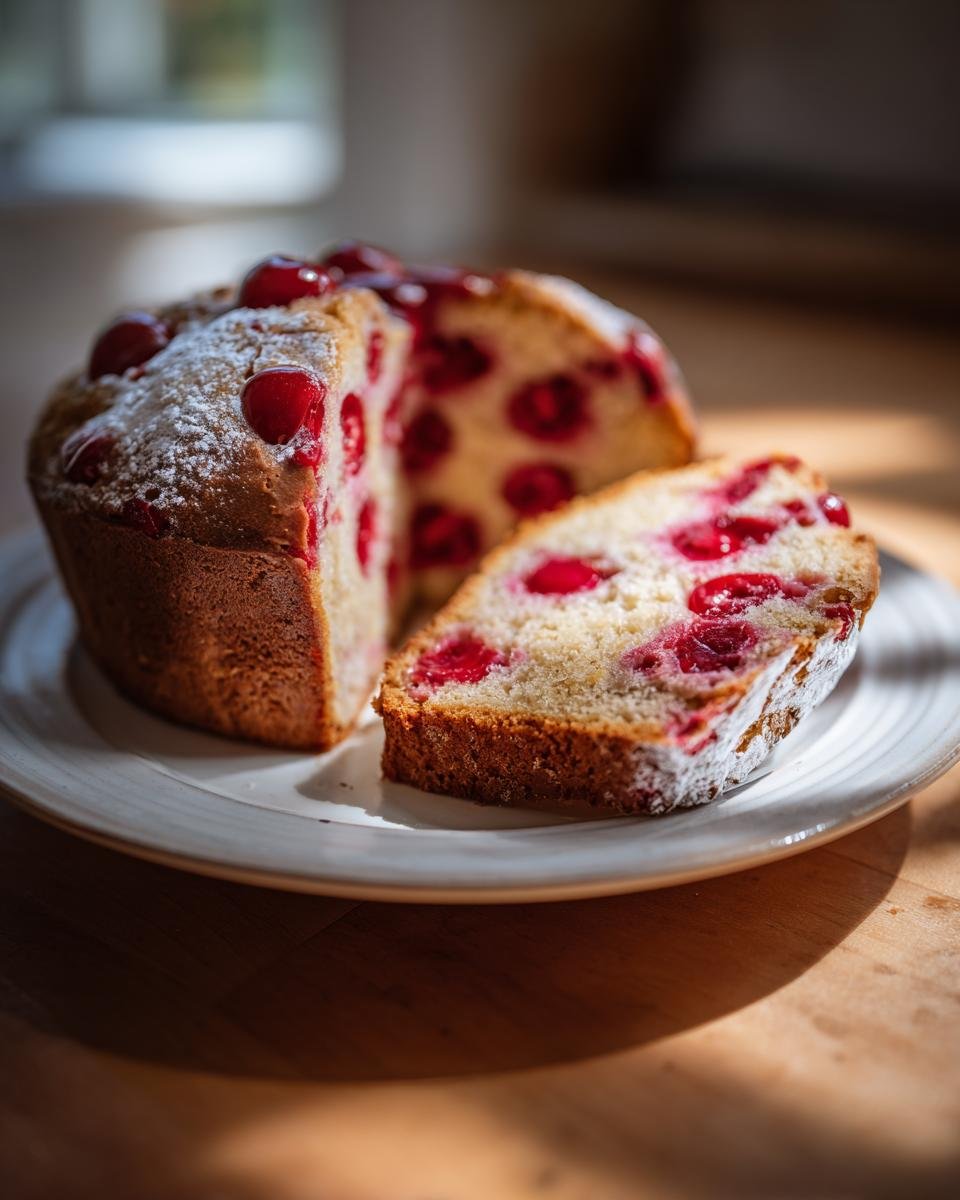 A slice of Fathers Day fresh cherry cake, dusted with powdered sugar and topped with cherries.