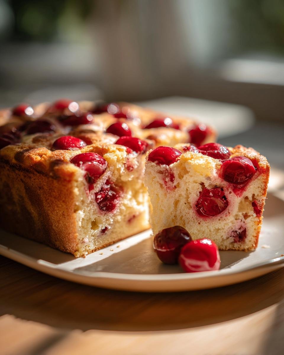A slice of fresh cherry cake, showcasing plump cherries baked into a moist cake, perfect for Fathers Day.