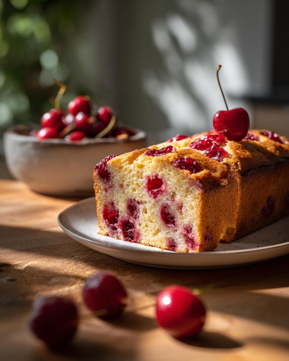 A slice of fresh cherry loaf cake, studded with bright red cherries, perfect for Fathers Day.