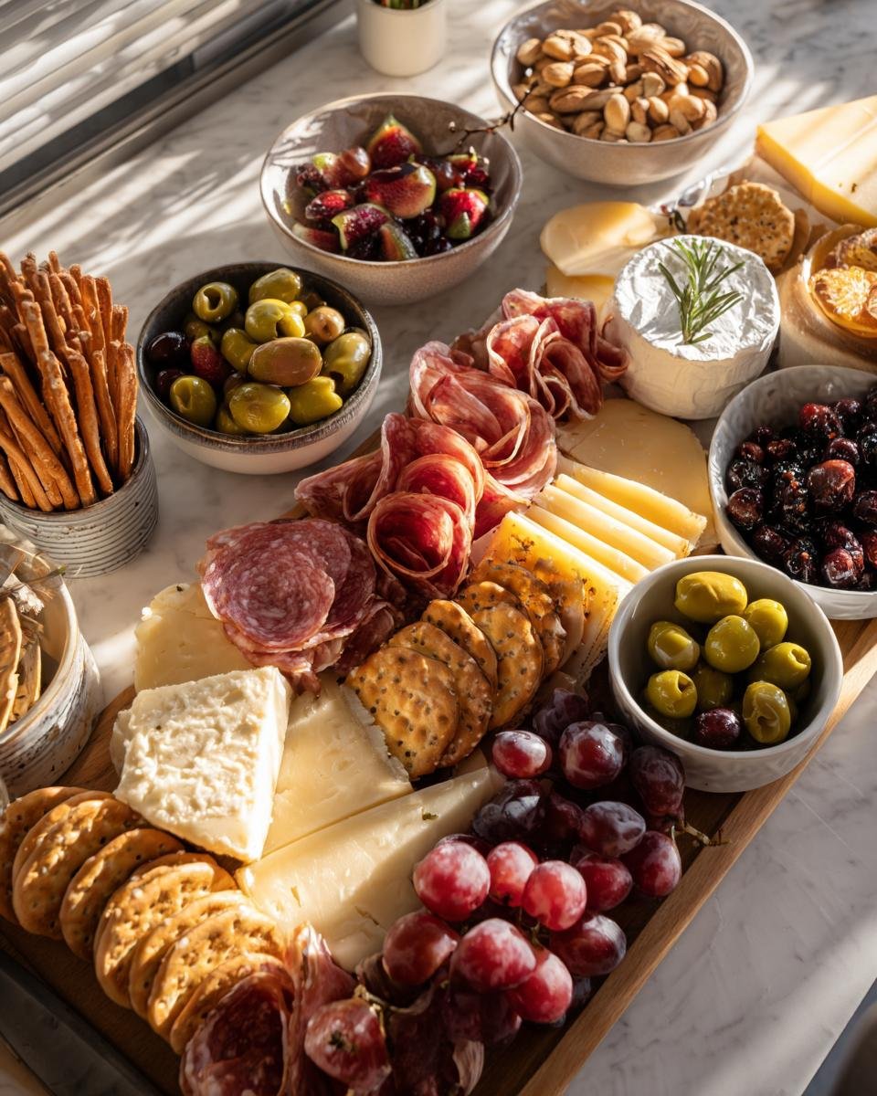 A beautiful Fathers Day snack plate featuring an assortment of cheeses, cured meats, olives, grapes, figs, nuts, and crackers.