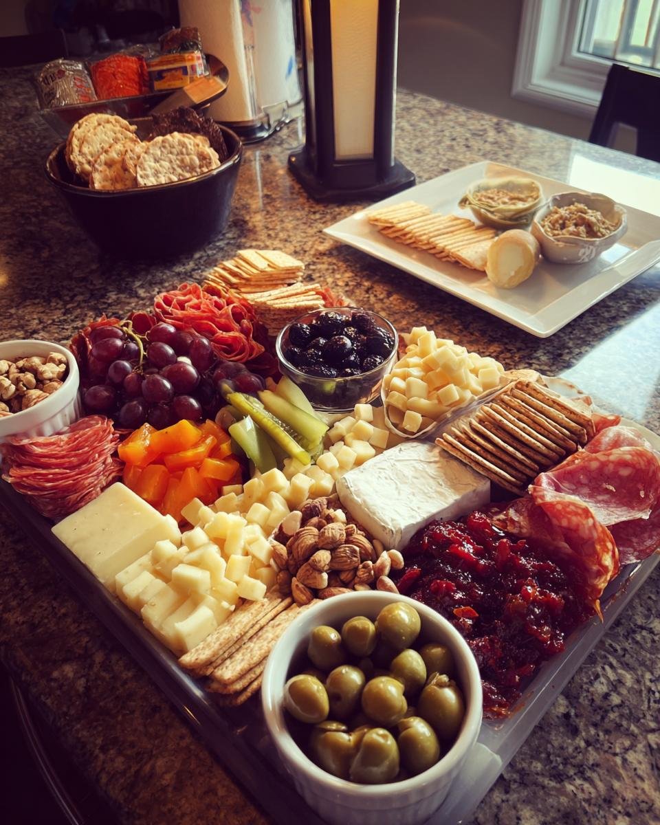 A bountiful Fathers Day snack plate featuring assorted cheeses, meats, crackers, fruits, nuts, and olives.