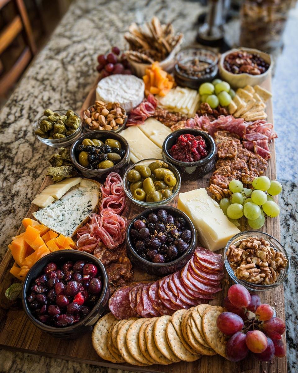 A large Fathers Day snack plate featuring an assortment of cheeses, cured meats, olives, grapes, nuts, and crackers.