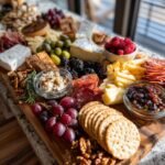 A beautifully arranged snack plate for Fathers Day, featuring cheeses, meats, fruits, nuts, and crackers.