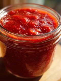 Close-up of a glass jar filled with Delicious Fathers Day Strawberry Vinaigrette Dressing.