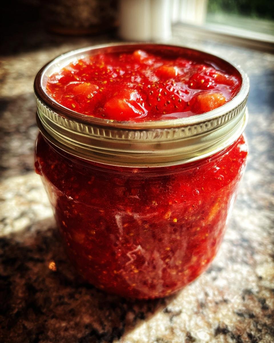 A close-up of a glass jar filled with Delicious Fathers Day Strawberry Vinaigrette.