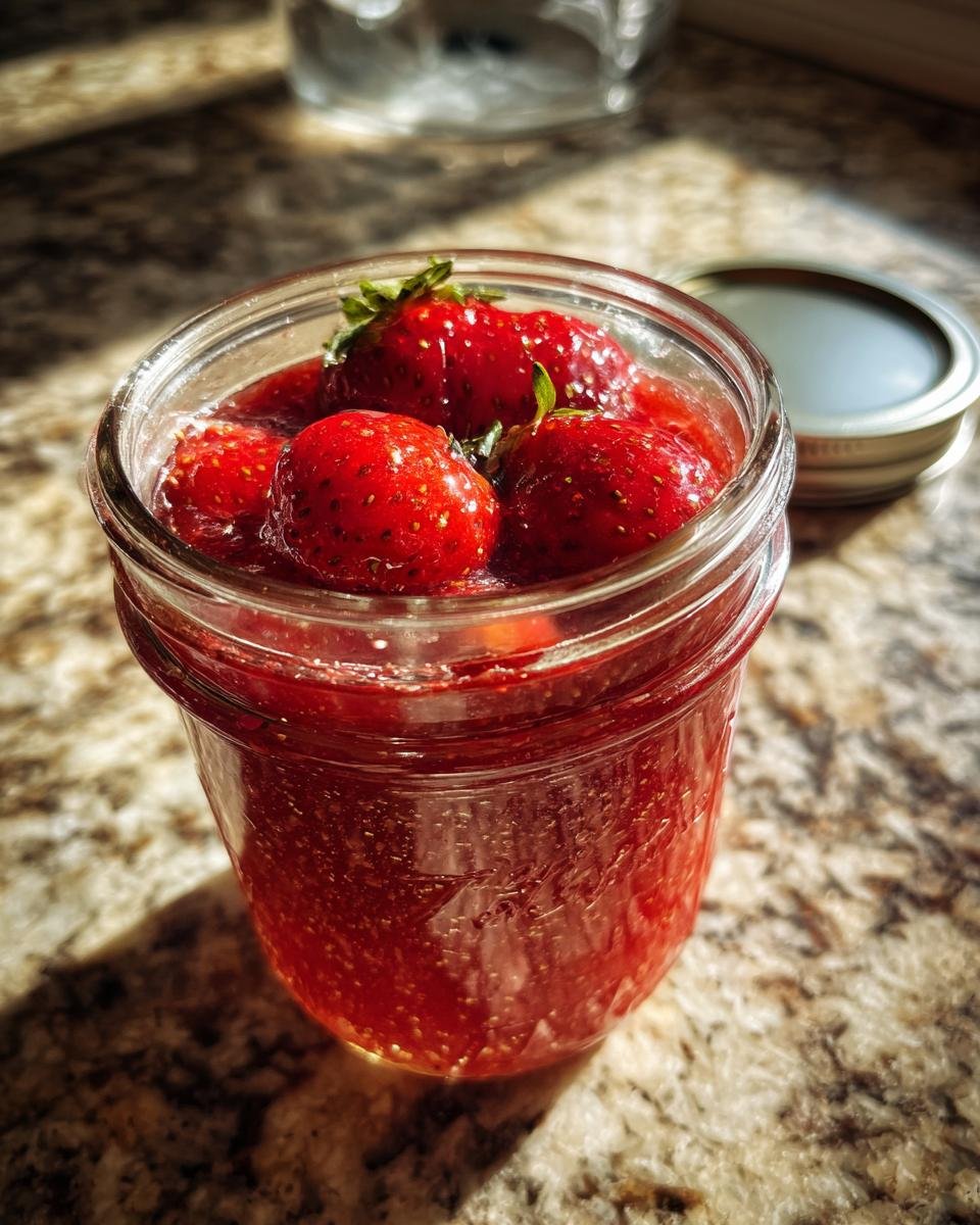 A glass jar filled with fresh strawberries and strawberry vinaigrette, perfect for Delicious Fathers Day Strawberry Vinaigrette.