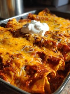 A pan of Flavorful BBQ Chicken Enchiladas Cheesy Delight, topped with melted cheese and a dollop of sour cream.