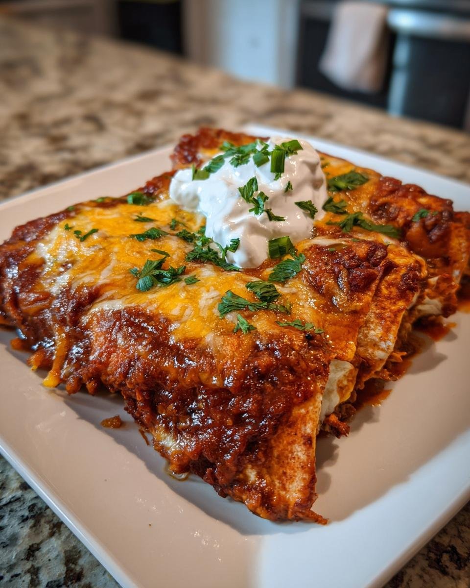A plate of cheesy BBQ Chicken Enchiladas topped with sour cream and chopped chives.