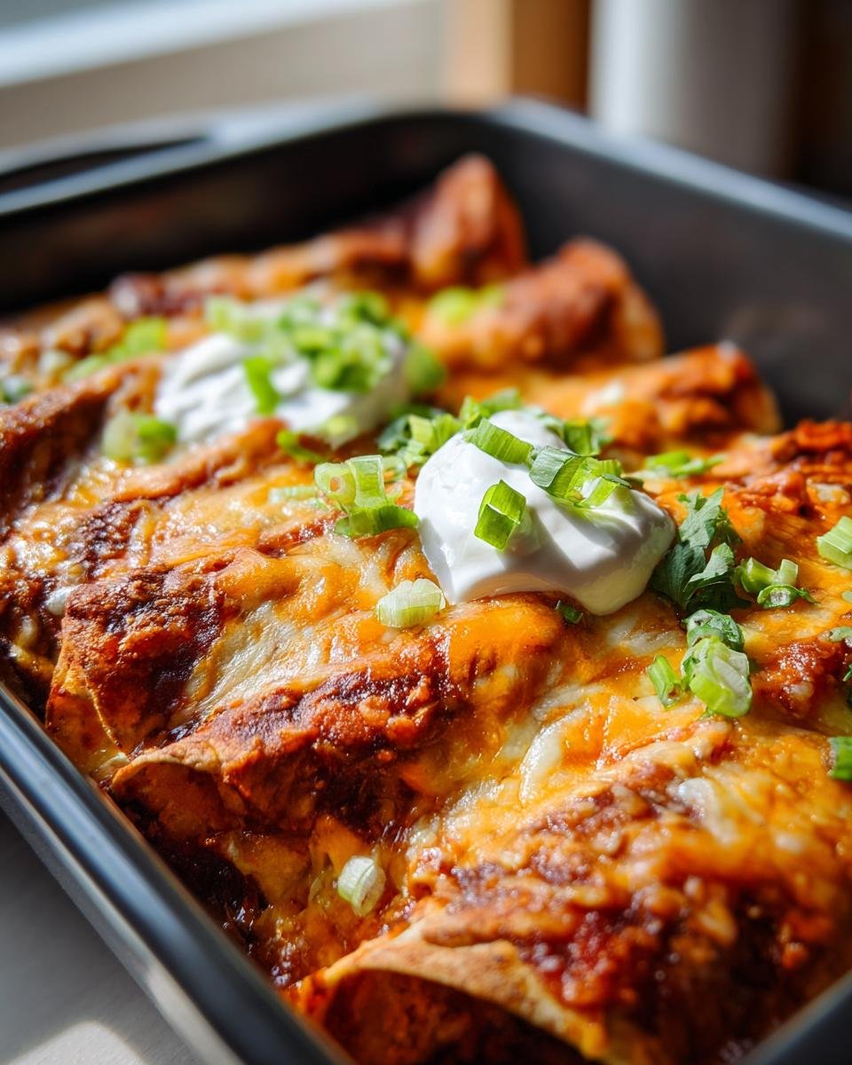 Close-up of Flavorful BBQ Chicken Enchiladas Cheesy Delight, topped with sour cream and green onions.
