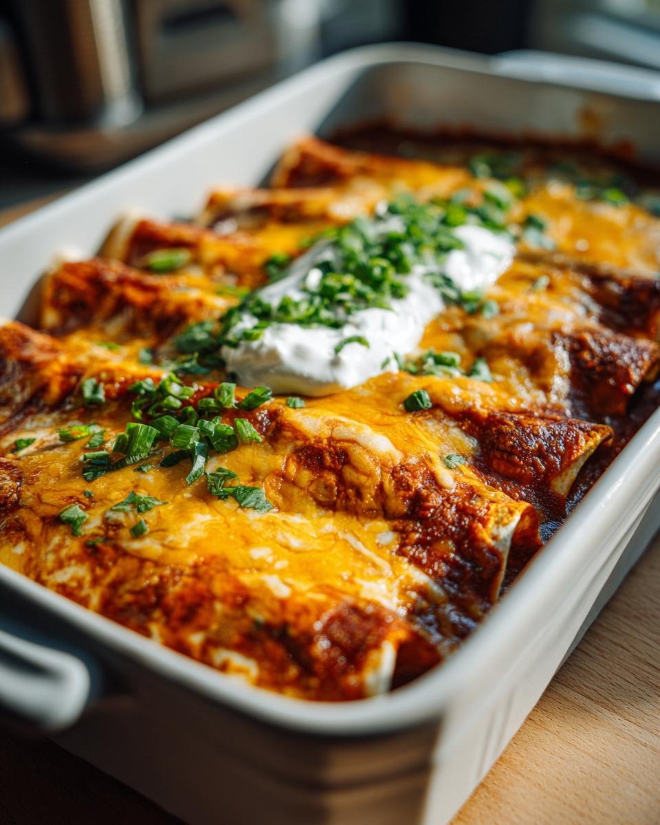 A pan of cheesy BBQ chicken enchiladas topped with sour cream and chives.