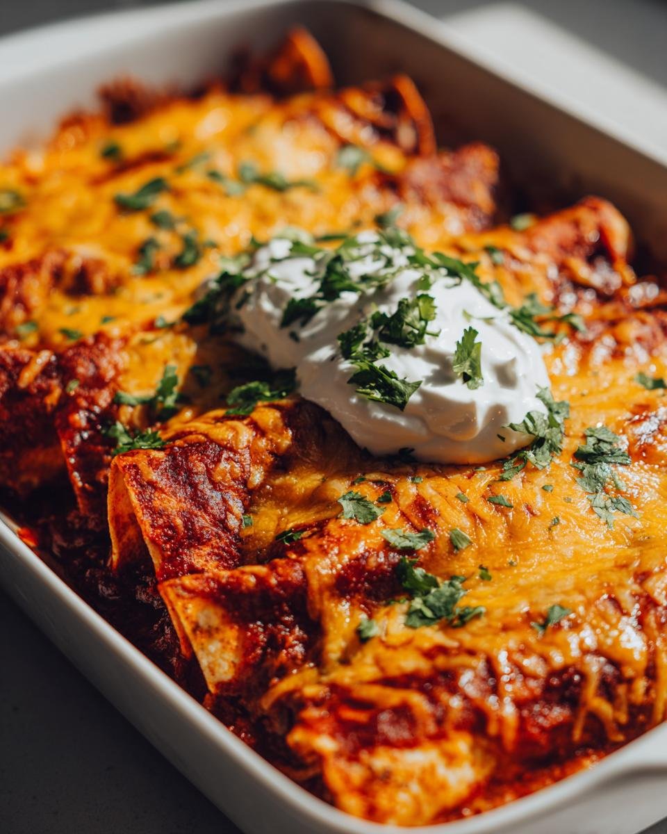 Close-up of Flavorful BBQ Chicken Enchiladas Cheesy Delight in a white baking dish, topped with melted cheese, sour cream, and cilantro.