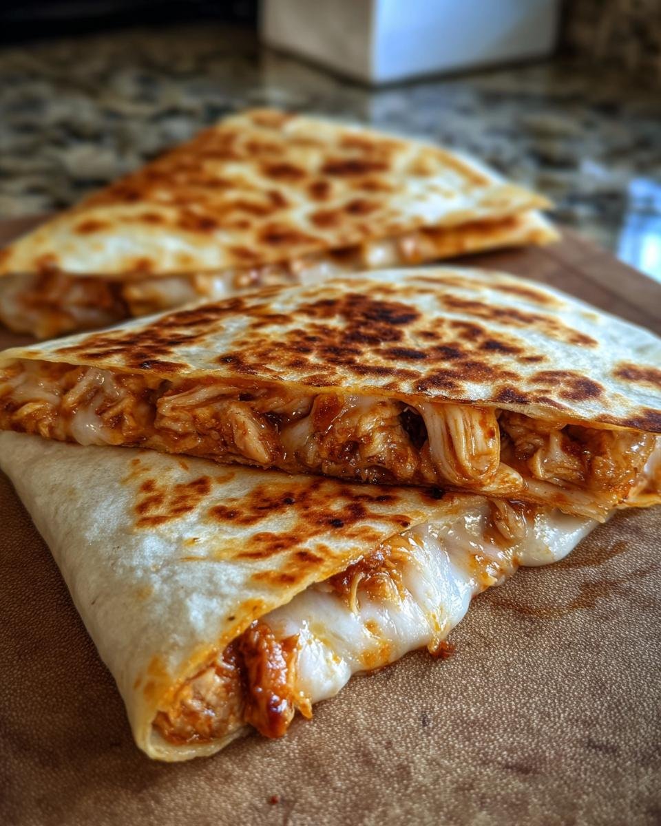 Close-up of a Flavorful BBQ Chicken Quesadilla, showcasing the melty cheese and shredded chicken.