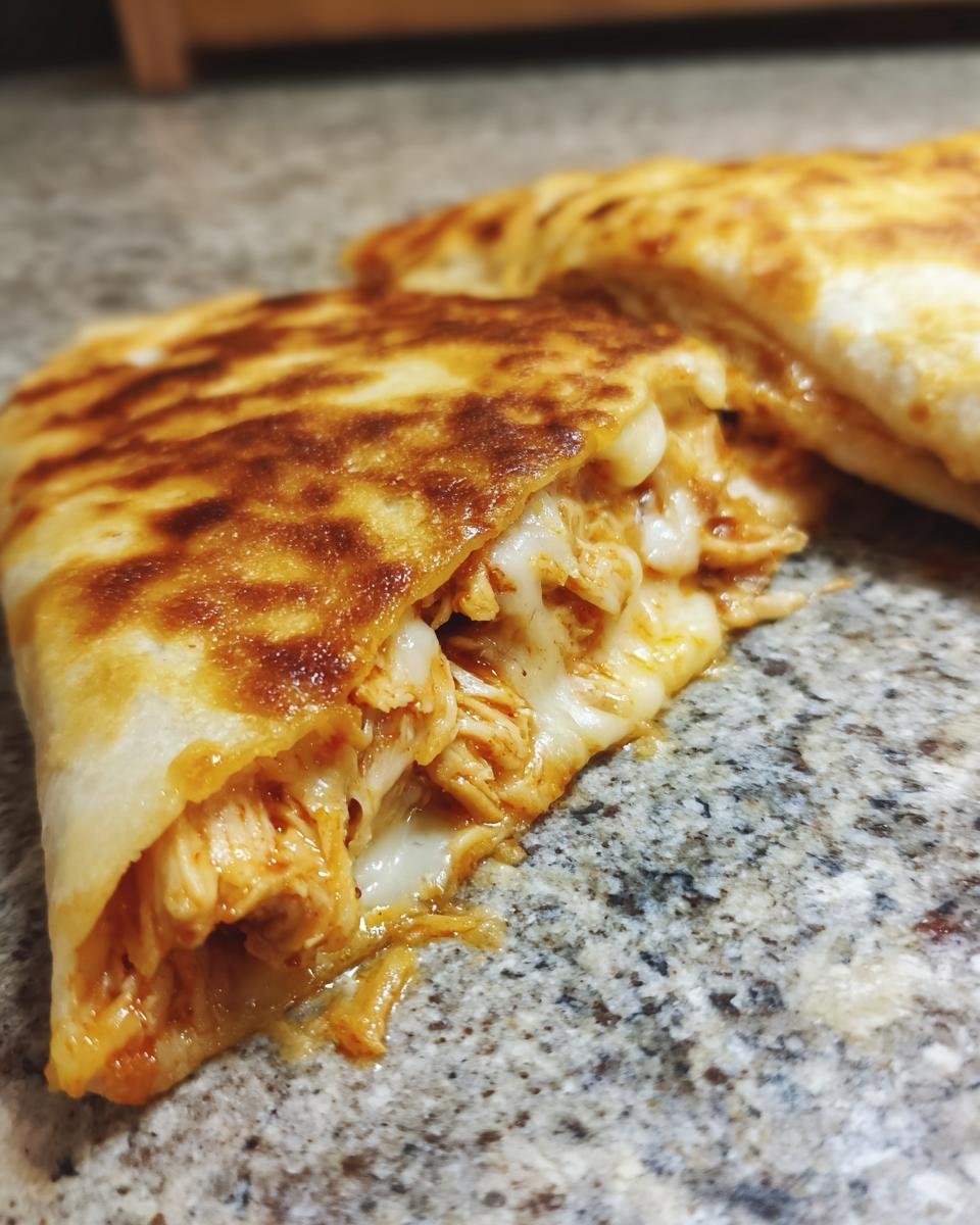 A close-up of a Flavorful BBQ Chicken Quesadilla showing gooey melted cheese and shredded chicken.