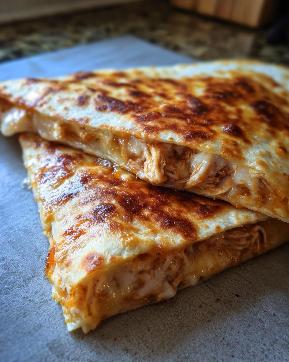 Close-up of a Flavorful BBQ Chicken Quesadilla with gooey cheese and golden-brown tortilla.