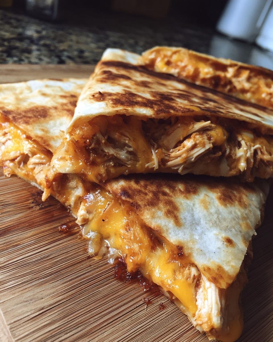 Close-up of a Flavorful BBQ Chicken Quesadilla, showcasing gooey melted cheese and shredded chicken.