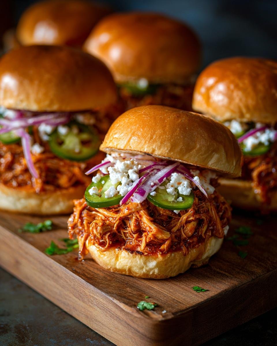 Close-up of a Flavorful BBQ Chicken Slider topped with crumbled cheese, jalapeños, and red onion.