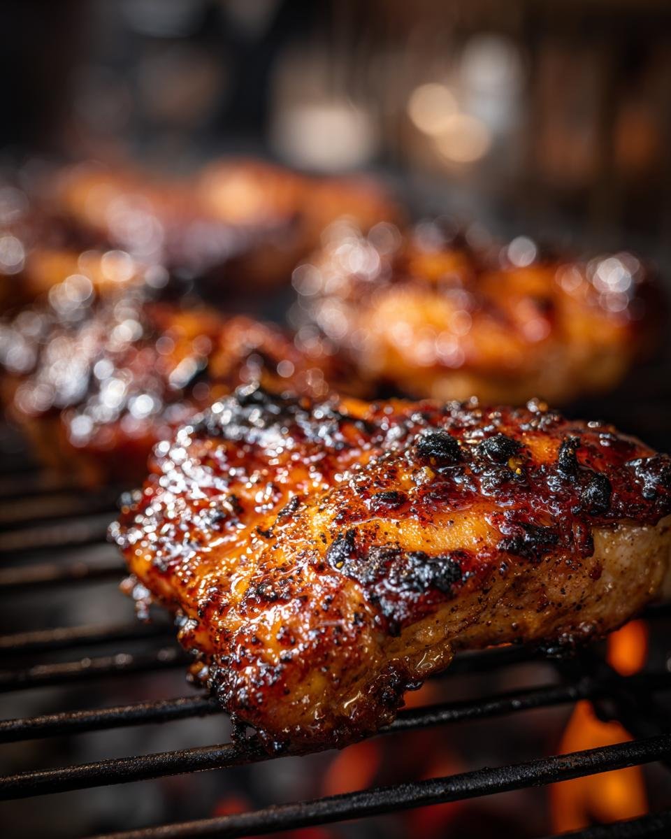 Close-up of flavorful BBQ chicken sliders grilling over hot coals, with a glossy glaze.