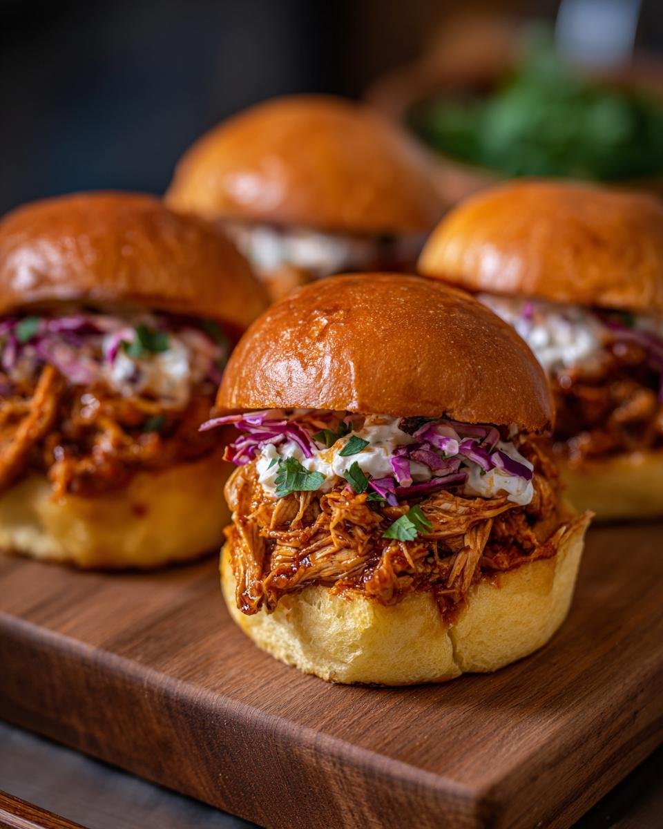 Close-up of Flavorful BBQ Chicken Sliders topped with creamy sauce and red cabbage on a wooden board.