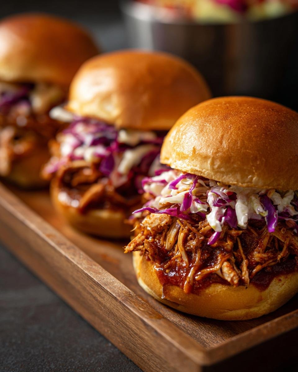 Three Flavorful BBQ Chicken Sliders topped with coleslaw on a wooden tray.