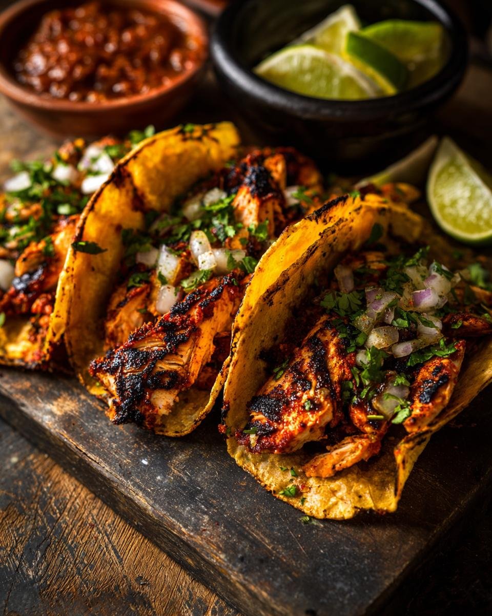 Three Flavorful BBQ Chicken Tacos Sweet And Smoky topped with diced onions and cilantro, served on a rustic wooden board with lime wedges and salsa.