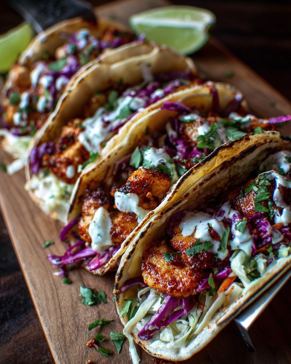 Three Flavorful BBQ Chicken Tacos Sweet And Smoky with shredded cabbage, cilantro, and a drizzle of sauce on a wooden board.