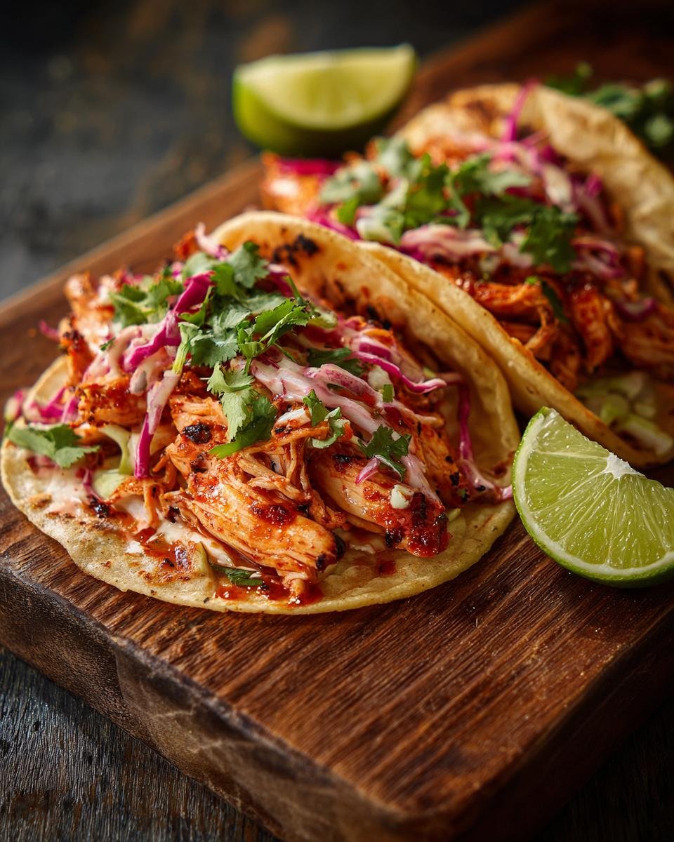 Two Flavorful BBQ Chicken Tacos Sweet And Smoky topped with shredded cabbage and cilantro, served with lime wedges on a wooden board.