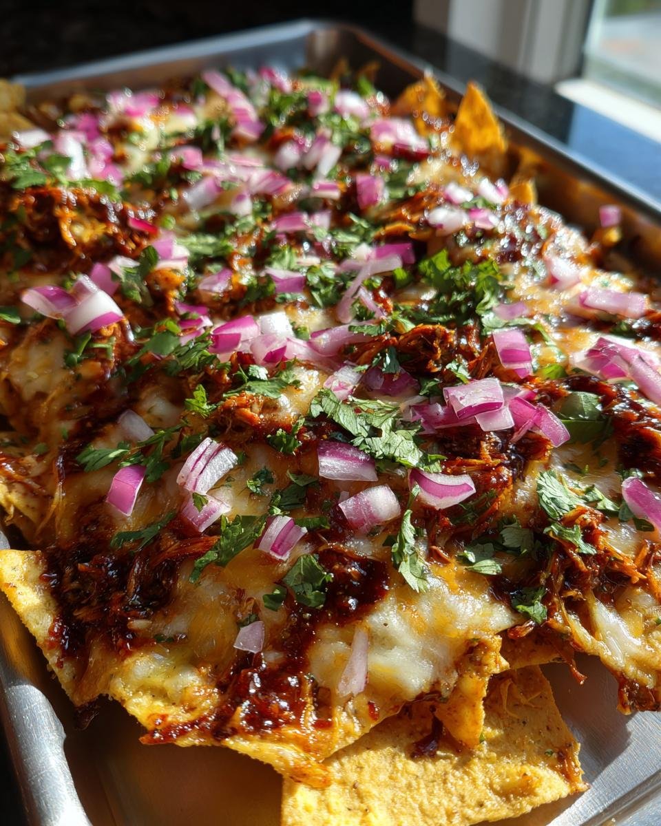 Close-up of Flavorful BBQ Pulled Chicken Nachos Cheesy Delight, topped with melted cheese, red onions, and cilantro.