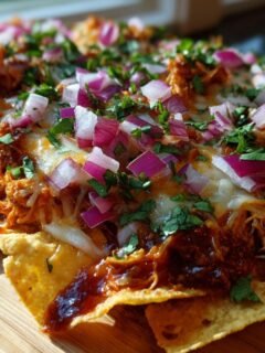 Close-up of Flavorful BBQ Pulled Chicken Nachos Cheesy Delight, topped with red onions and cilantro.