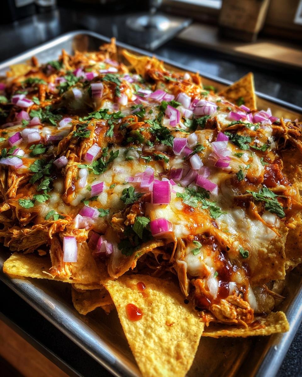 Close-up of Flavorful BBQ Pulled Chicken Nachos Cheesy Delight, topped with melted cheese, red onions, and cilantro.