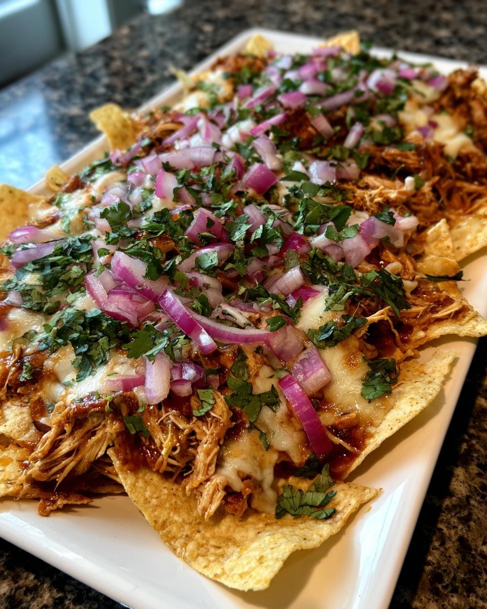 A platter of Flavorful BBQ Pulled Chicken Nachos Cheesy Delight, topped with melted cheese, red onions, and cilantro.