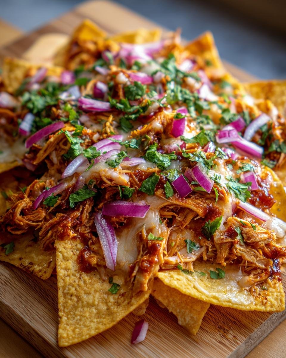 Close-up of Flavorful BBQ Pulled Chicken Nachos Cheesy Delight topped with melted cheese, red onions, and cilantro.