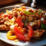 Close-up of Flavorful Chicken Fajitas With Peppers And Onions on a plate, showing seasoned chicken strips mixed with colorful bell peppers and onions.