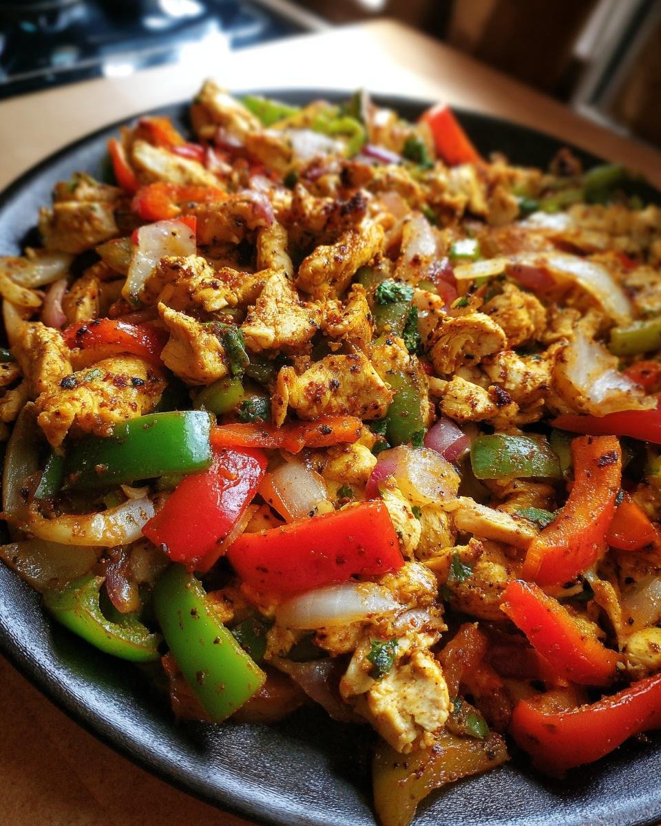 Close-up of a sizzling platter of Flavorful Chicken Fajitas With Peppers And Onions, seasoned and ready to serve.