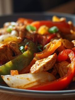 A close-up of flavorful chicken fajitas with colorful bell peppers and onions, seasoned and ready to serve.