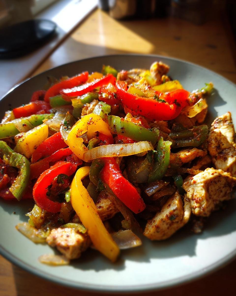 A close-up of flavorful chicken fajitas with colorful bell peppers and onions, seasoned and ready to serve.
