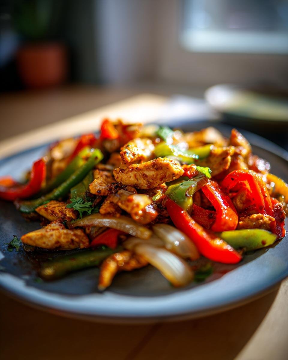 Close-up of Flavorful Chicken Fajitas With Peppers And Onions on a plate, showcasing seasoned chicken strips with vibrant red and green bell peppers and onions.