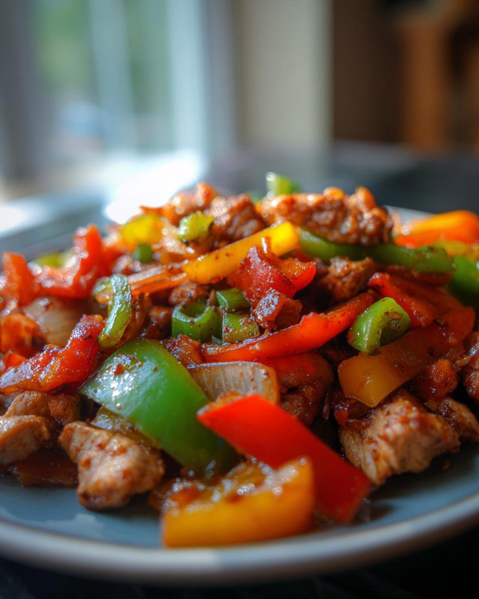 Close-up of Flavorful Chicken Fajitas With Peppers And Onions on a plate, showcasing colorful bell peppers and seasoned chicken.