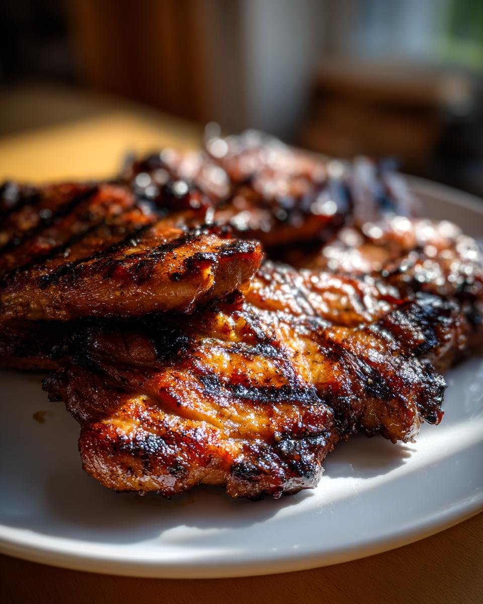 Close-up of perfectly grilled chicken thighs with grill marks, showcasing juicy perfection from our Flavorful Chicken Marinade Recipe.
