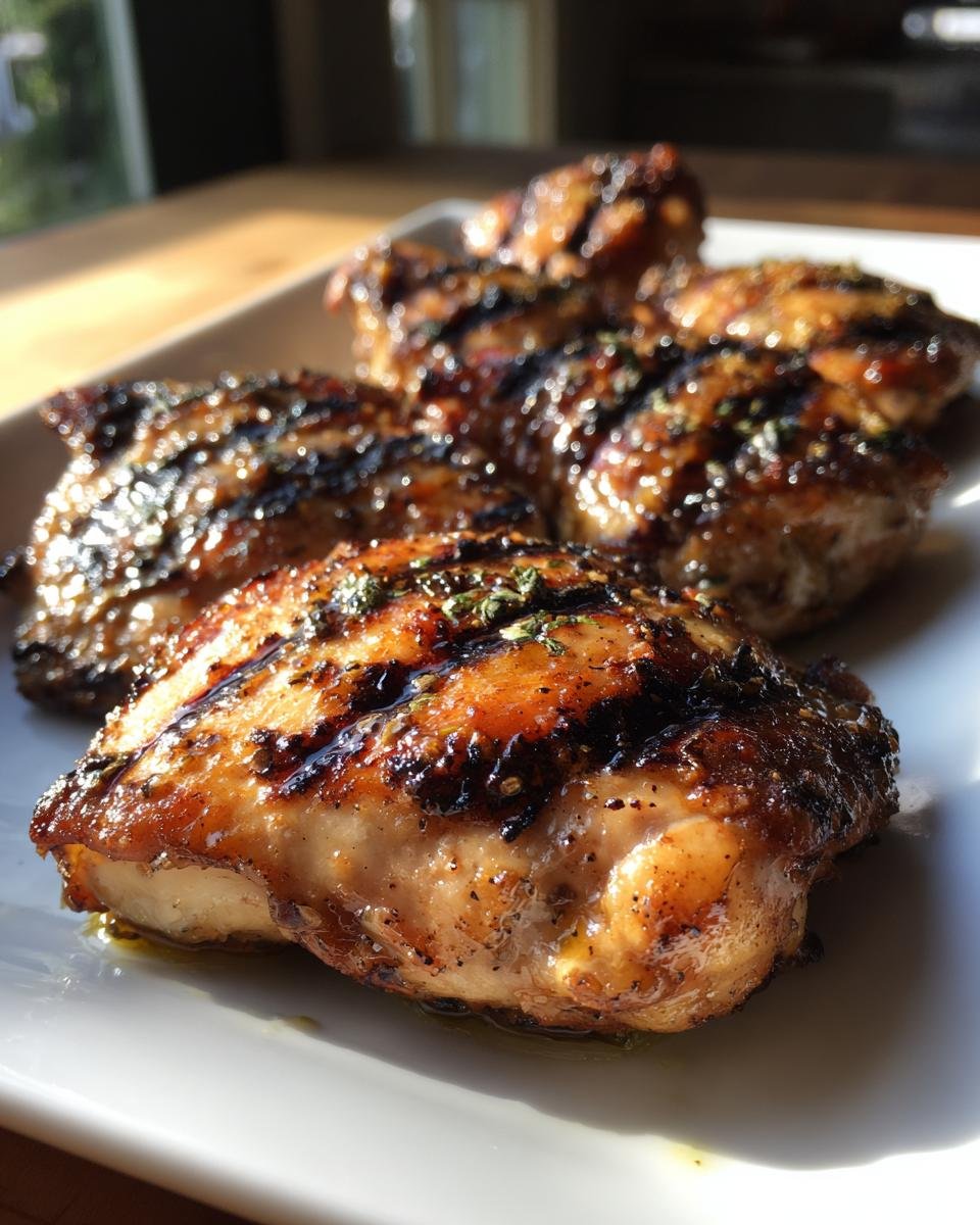 Close-up of perfectly grilled chicken breasts with grill marks, glistening from a flavorful chicken marinade.