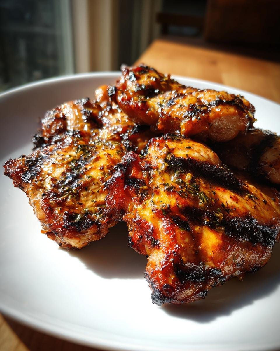 Close-up of perfectly grilled chicken pieces with grill marks, seasoned with herbs, ready to serve.