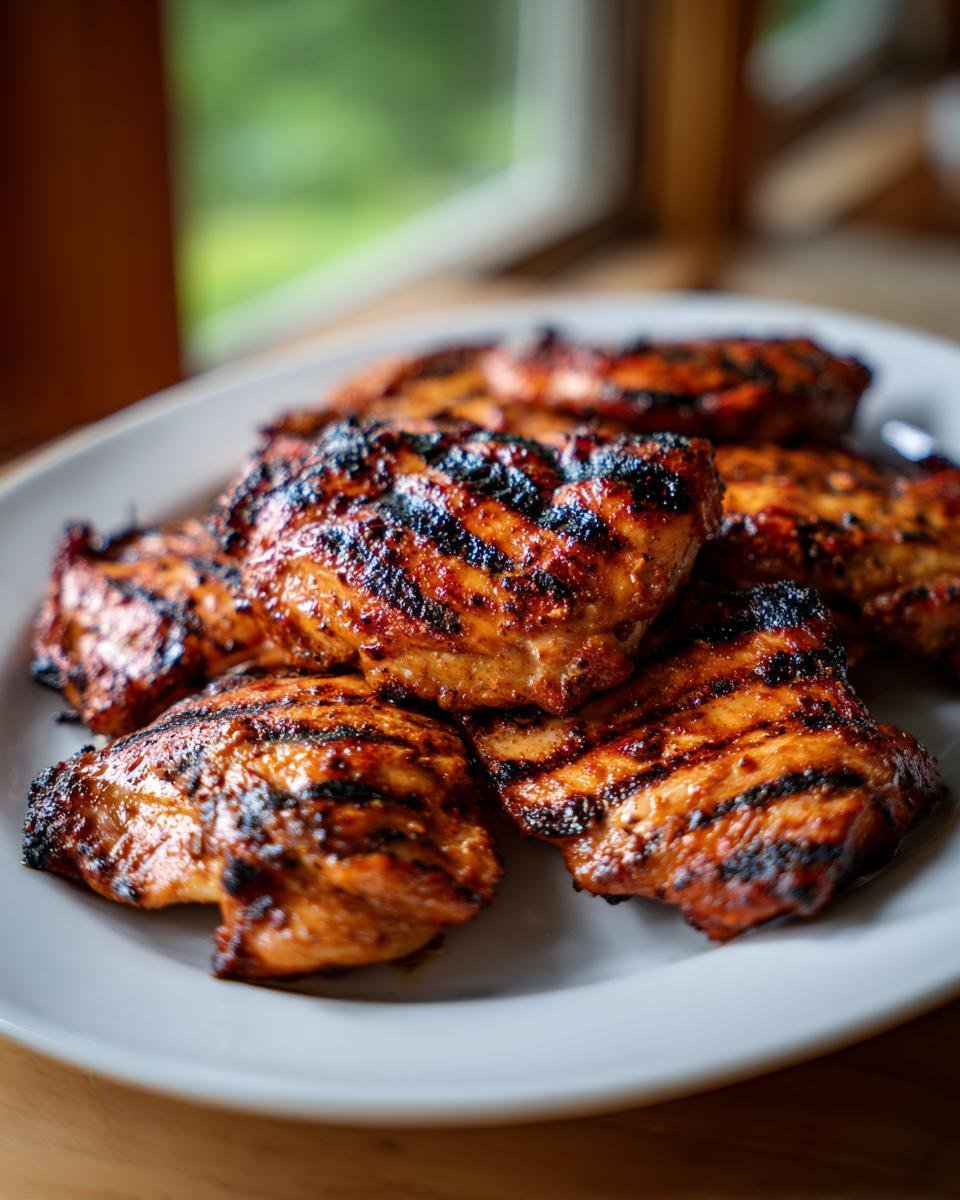 A plate of juicy grilled chicken thighs with prominent grill marks, showcasing the results of a flavorful chicken marinade recipe.