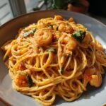 Close-up of a bowl of Flavorful Creamy Cajun Shrimp Linguine, showcasing plump shrimp and linguine coated in a rich, orange sauce with fresh herbs.