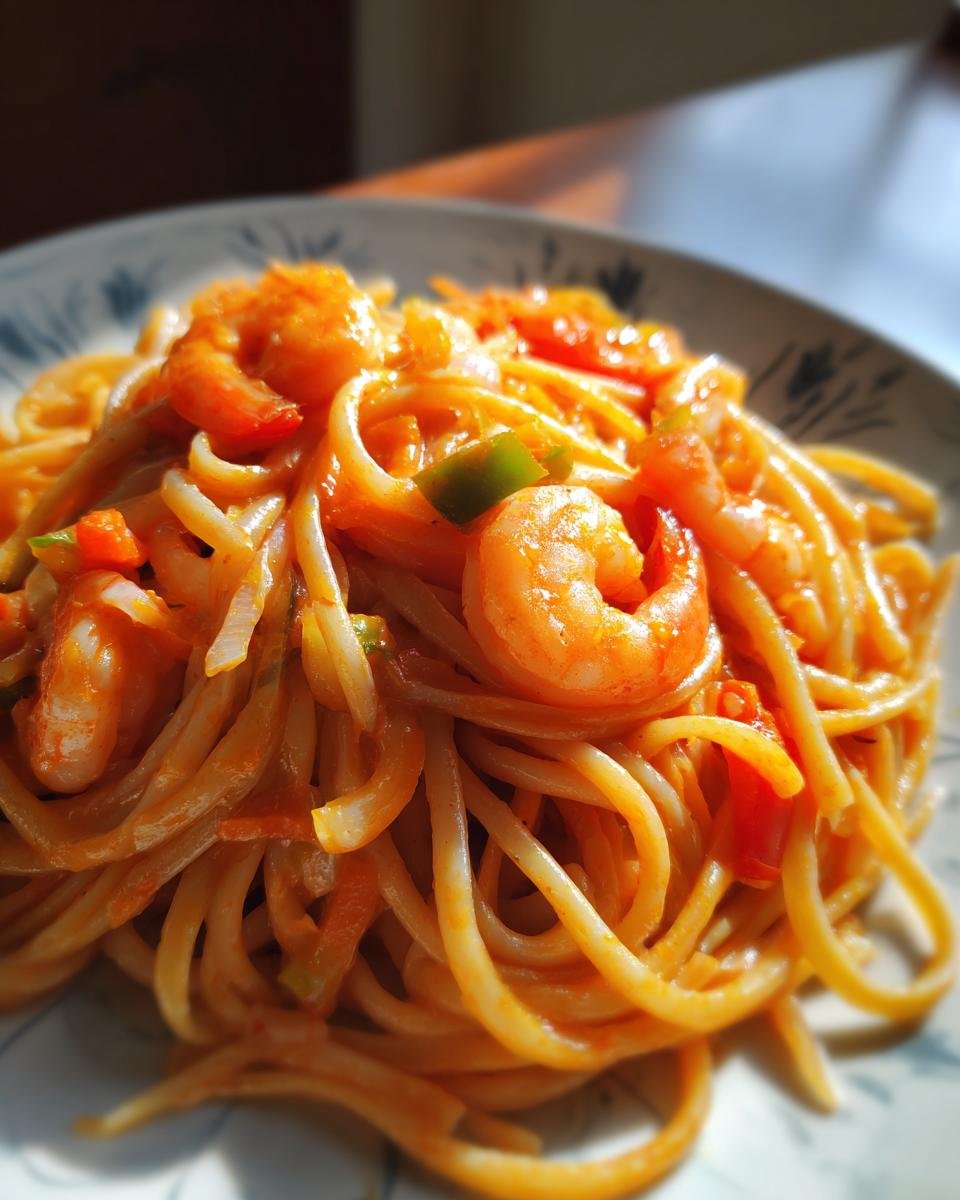 A close-up of a plate piled high with Flavorful Creamy Cajun Shrimp Linguine, featuring plump shrimp and linguine pasta coated in a rich sauce.