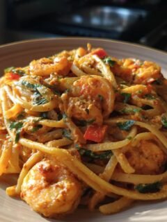 A close-up of a bowl of Flavorful Creamy Cajun Shrimp Linguine, featuring linguine pasta, plump shrimp, and a rich, orange-hued sauce with herbs.