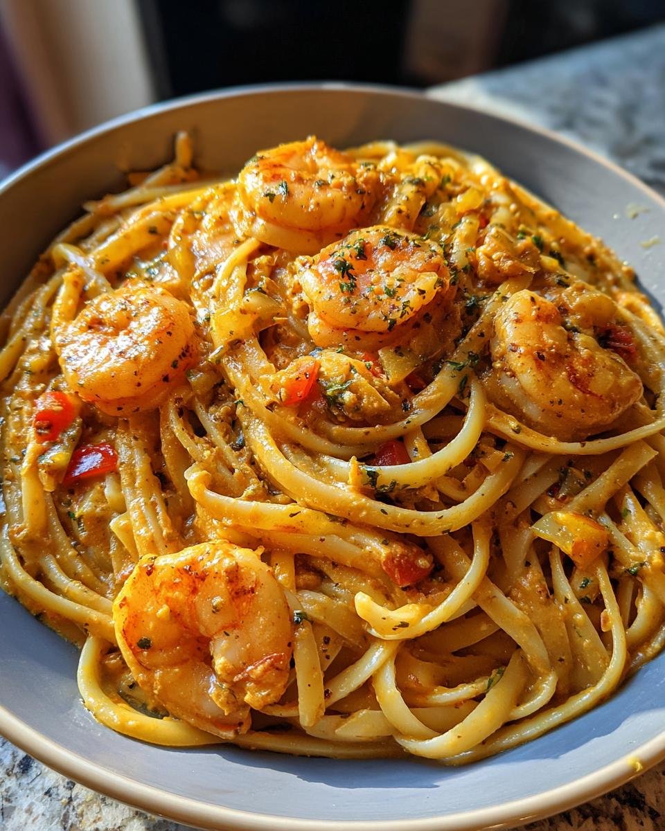 A close-up shot of a bowl of Flavorful Creamy Cajun Shrimp Linguine, featuring plump shrimp and linguine pasta coated in a rich, orange sauce.